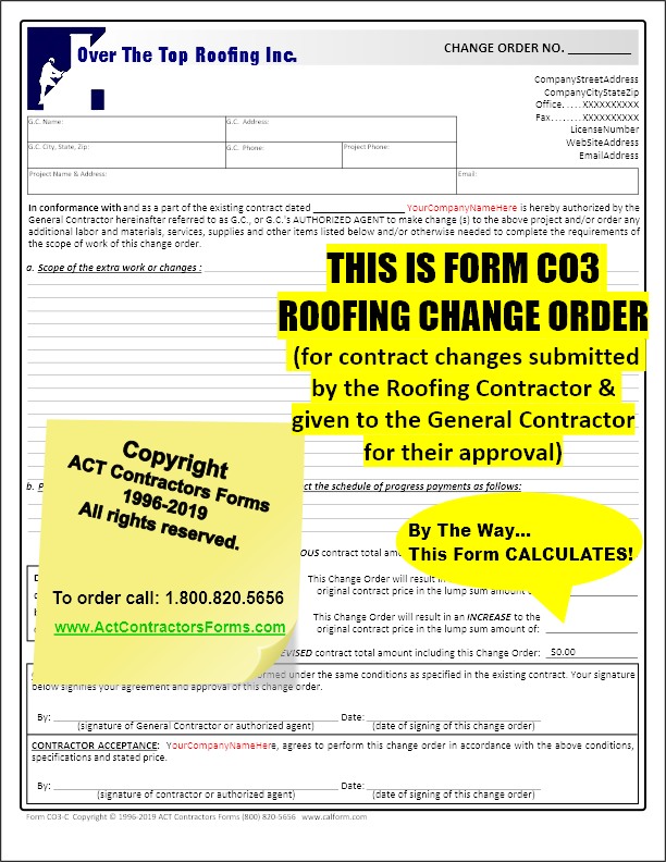 Roofing Contractor Change Orders Extra Work Order Forms